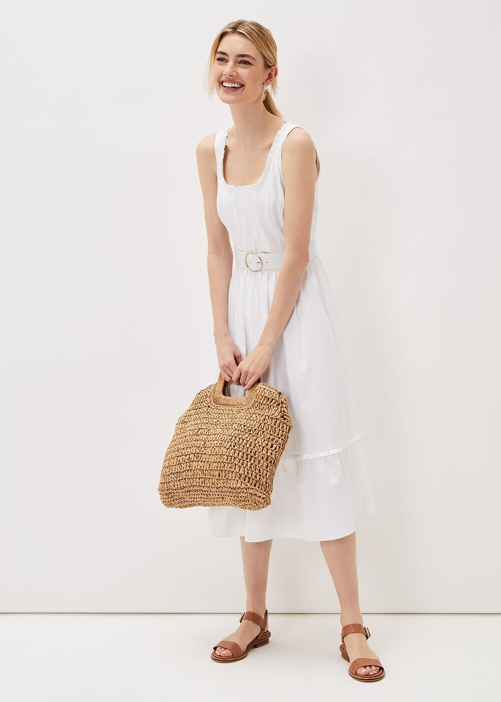 Tanya Cotton Belted Midaxi Dress - White