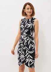 Amber Leaf Print Fitted Jersey Dress - Navy/Ivory