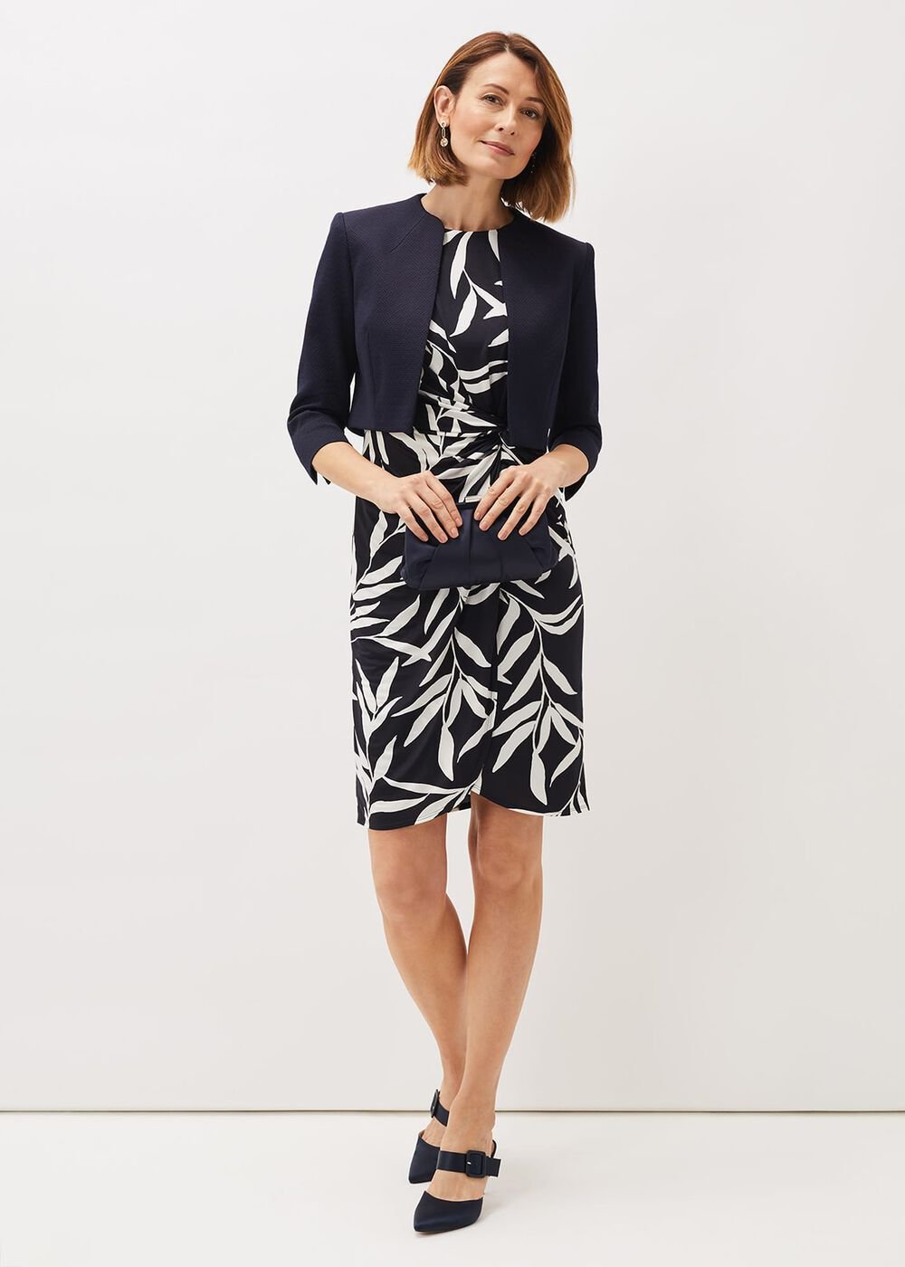 Amber Leaf Print Fitted Jersey Dress - Navy/Ivory