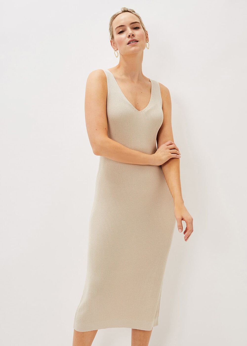 Lindan Ribbed Knit Midi Dress - Stone