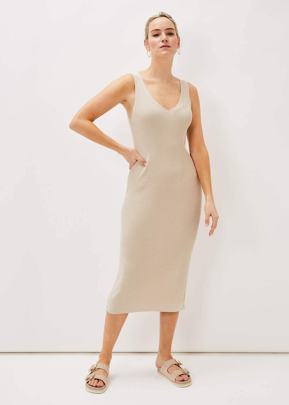 Lindan Ribbed Knit Midi Dress - Stone