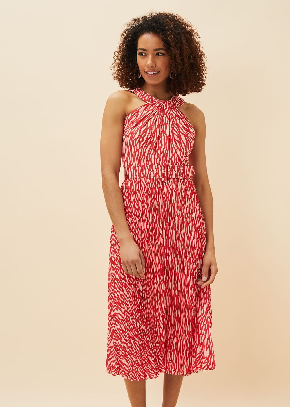 Yas Abstract Print Halterneck Dress - Red/Nude