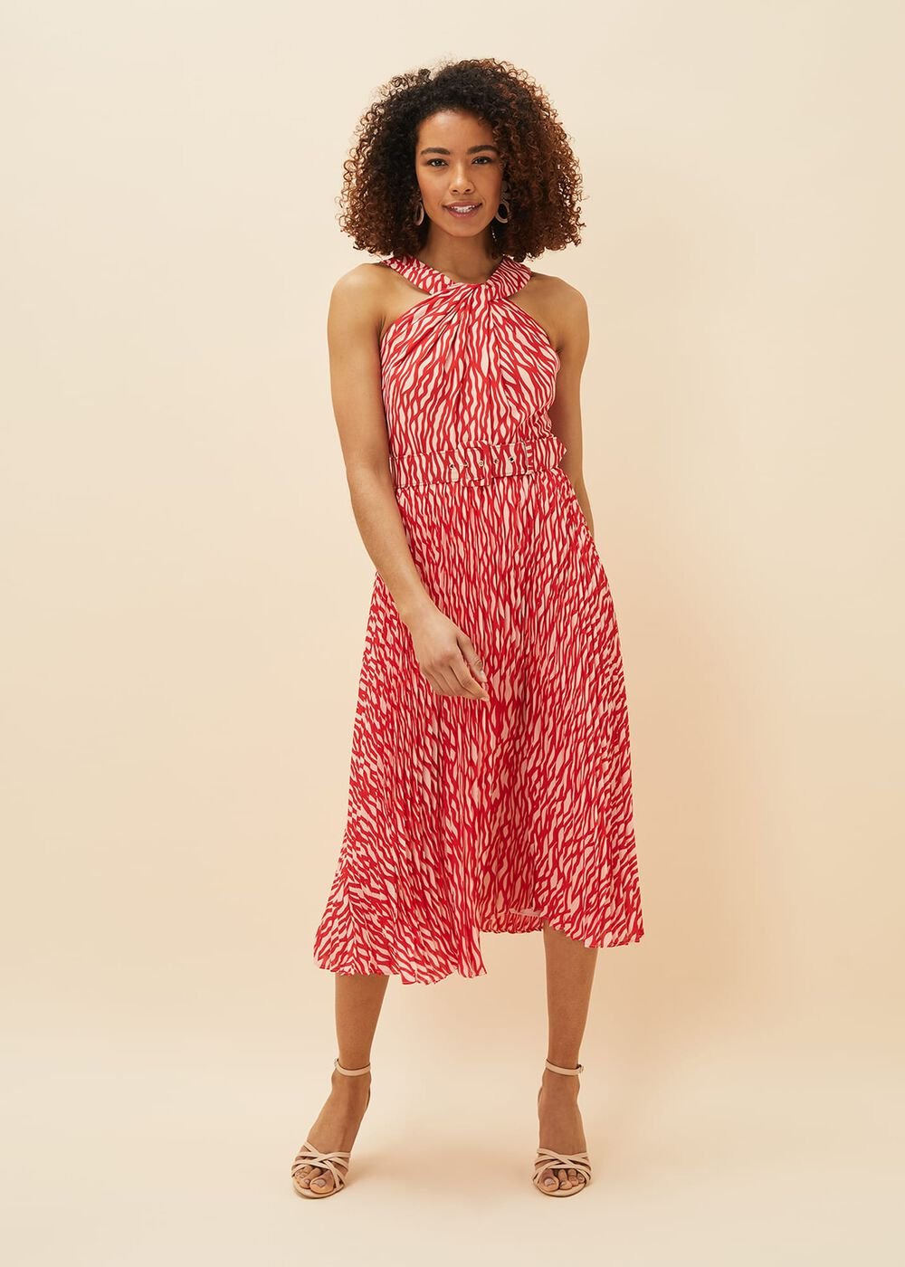 Yas Abstract Print Halterneck Dress - Red/Nude