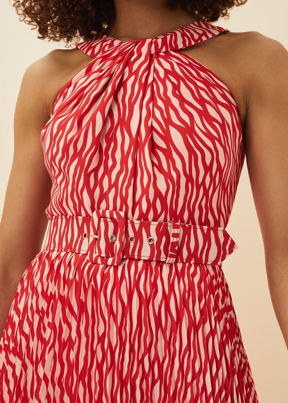 Yas Abstract Print Halterneck Dress - Red/Nude