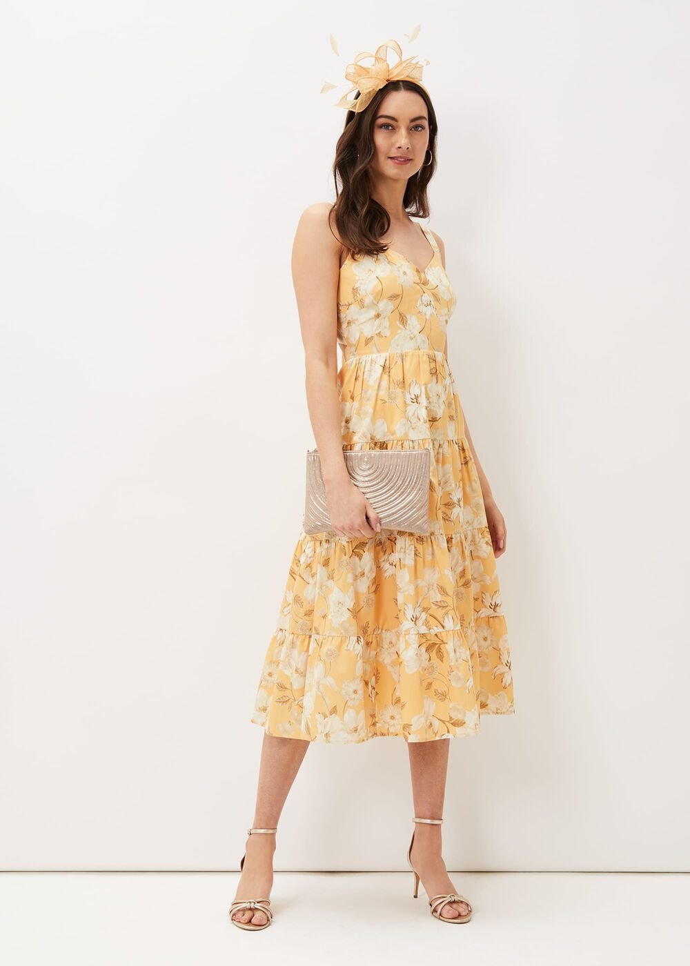 Elaina Cotton Floral Tiered Midi Dress - Yellow/Multi