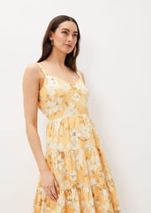 Elaina Cotton Floral Tiered Midi Dress - Yellow/Multi