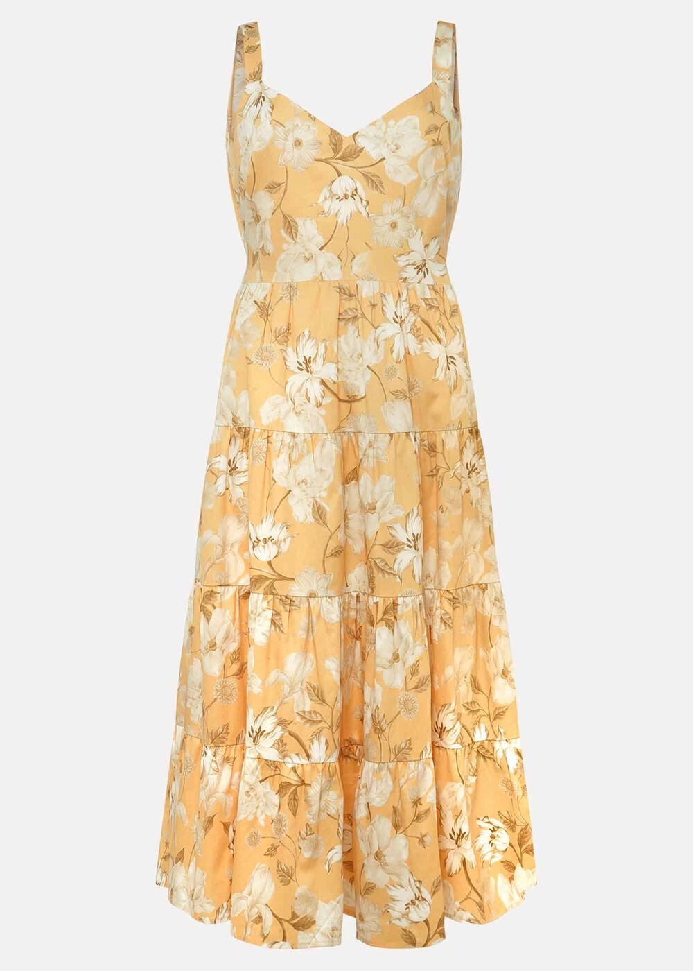 Elaina Cotton Floral Tiered Midi Dress - Yellow/Multi