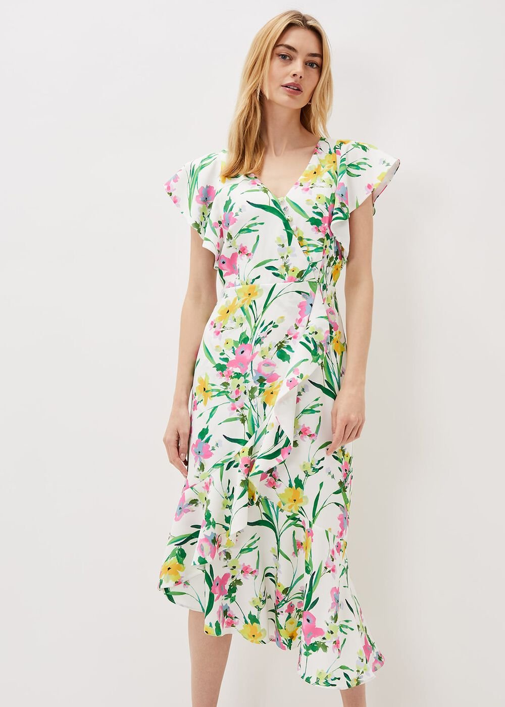 Evelin Printed Frill Hem Dress - Ivory/Multi