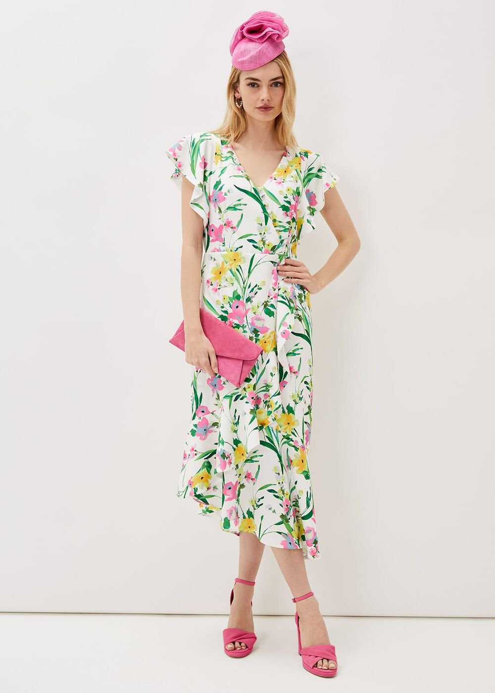 Evelin Printed Frill Hem Dress - Ivory/Multi