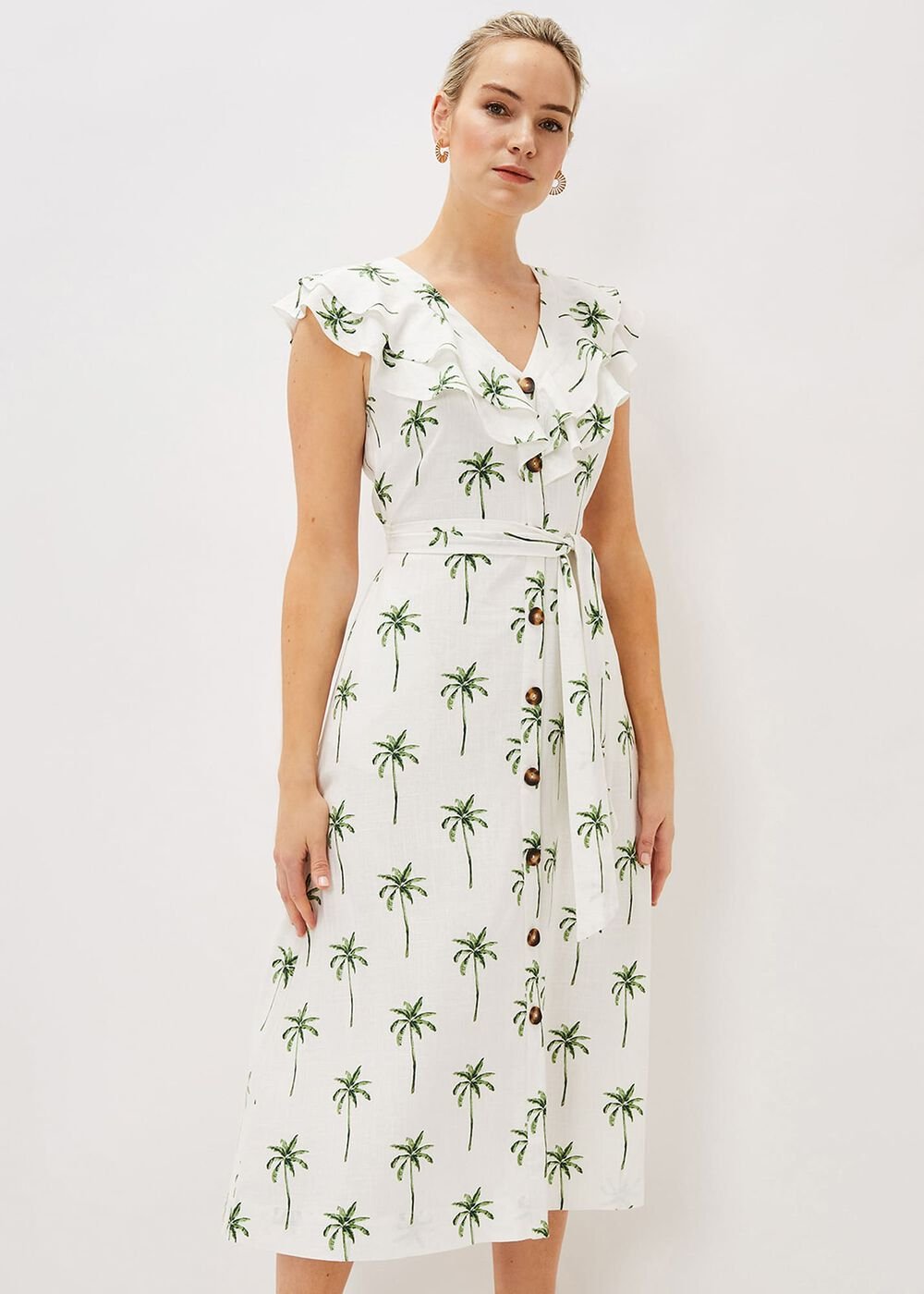 Jamilla Palm Print Midi Dress - Ivory/Green