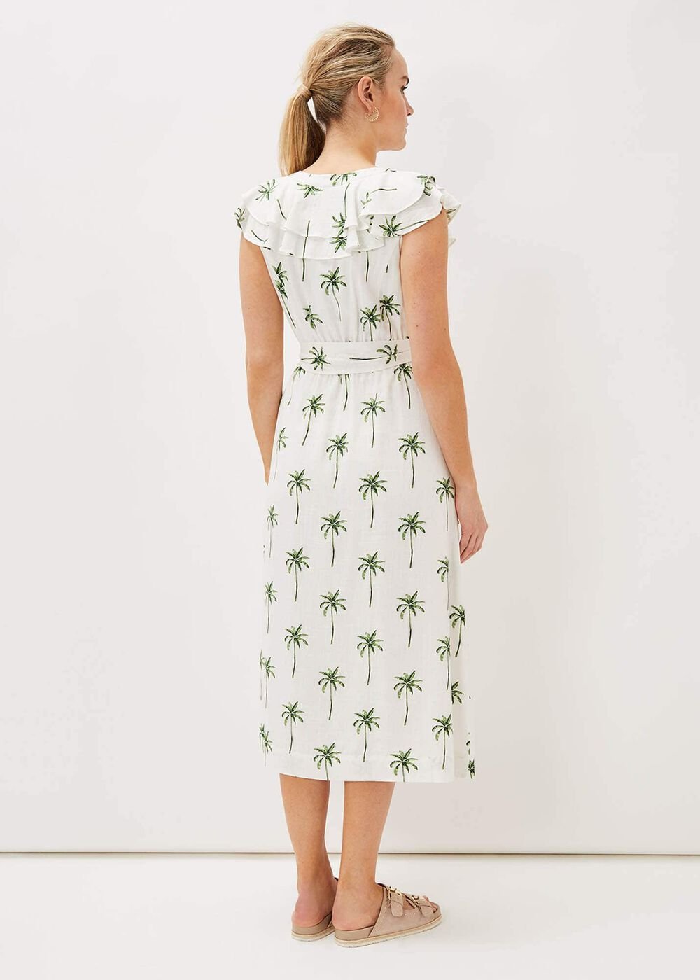 Jamilla Palm Print Midi Dress - Ivory/Green