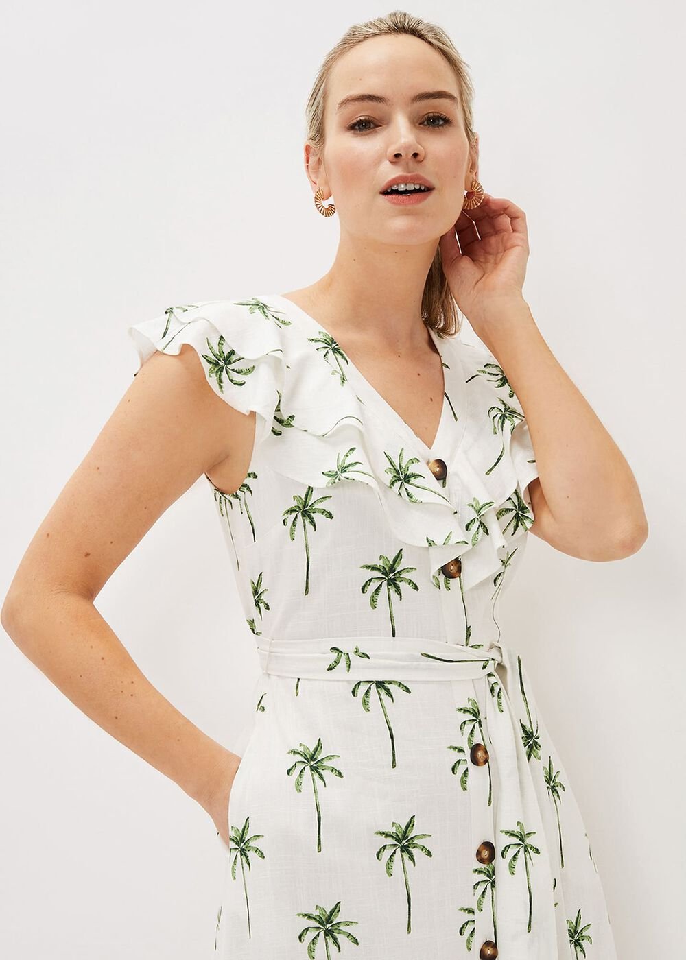 Jamilla Palm Print Midi Dress - Ivory/Green