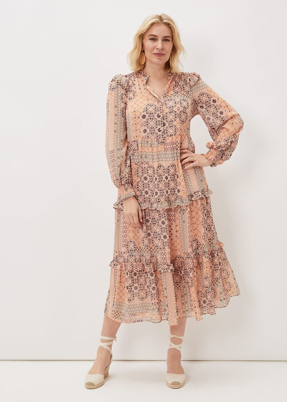 Ailsa Geometric Print Chiffon Midi Dress - Pink Multi