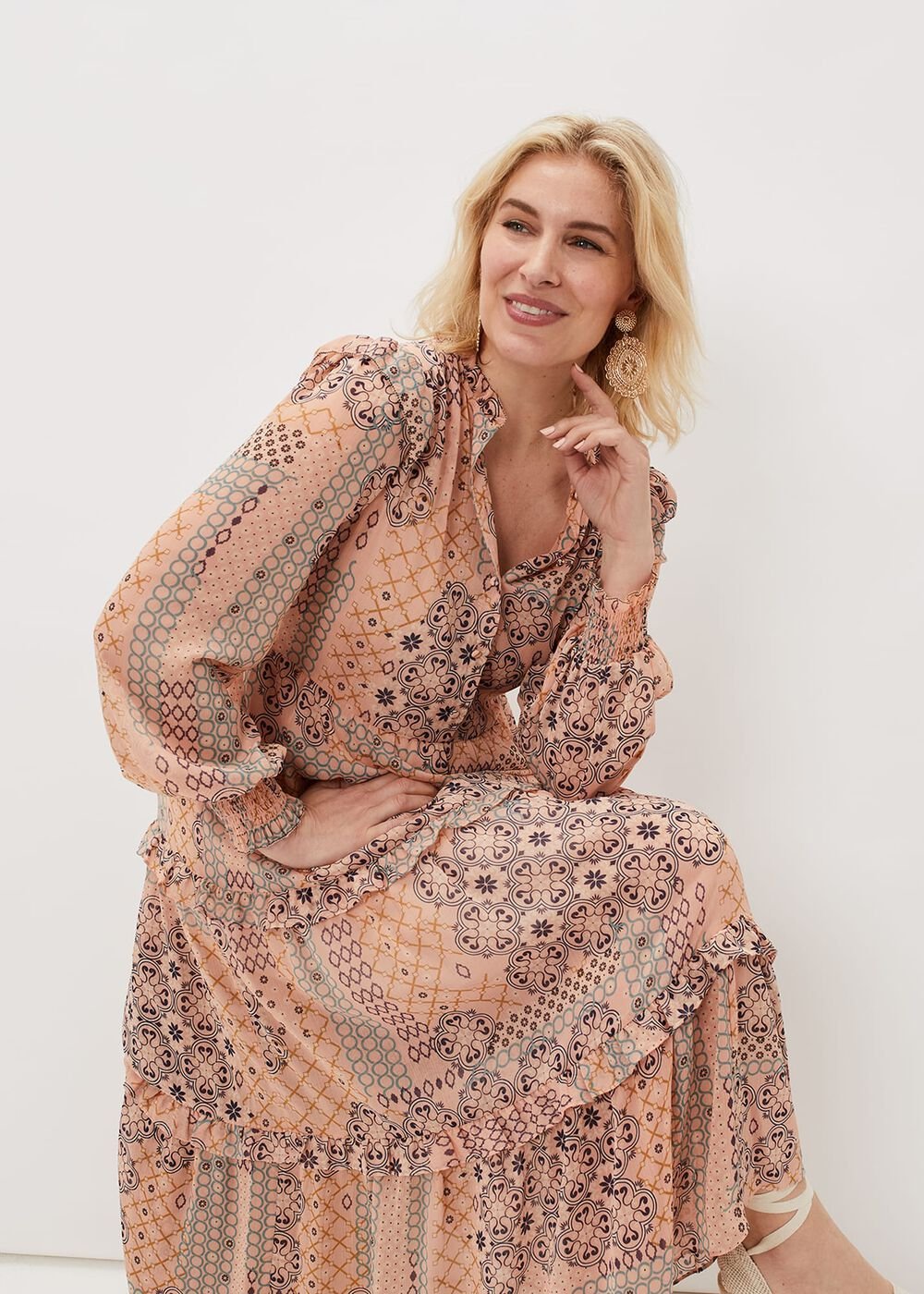 Ailsa Geometric Print Chiffon Midi Dress - Pink Multi