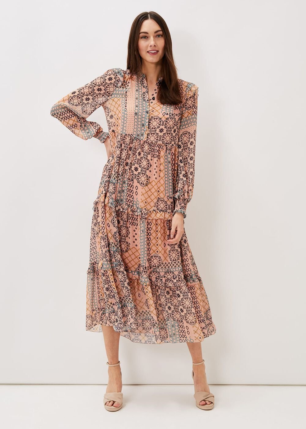 Ailsa Geometric Print Chiffon Midi Dress - Pink Multi