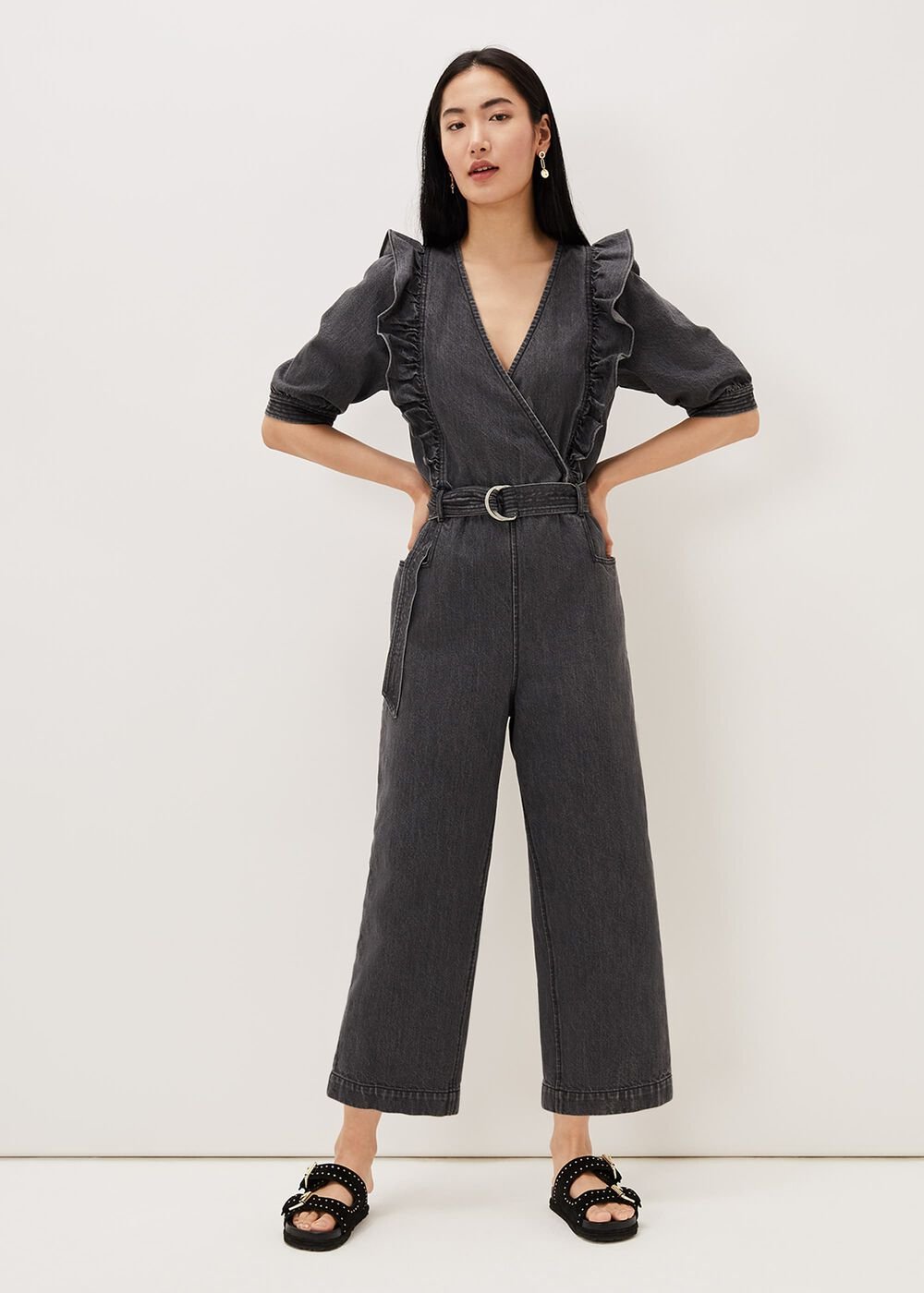 Flora Denim Frill Jumpsuit - Grey