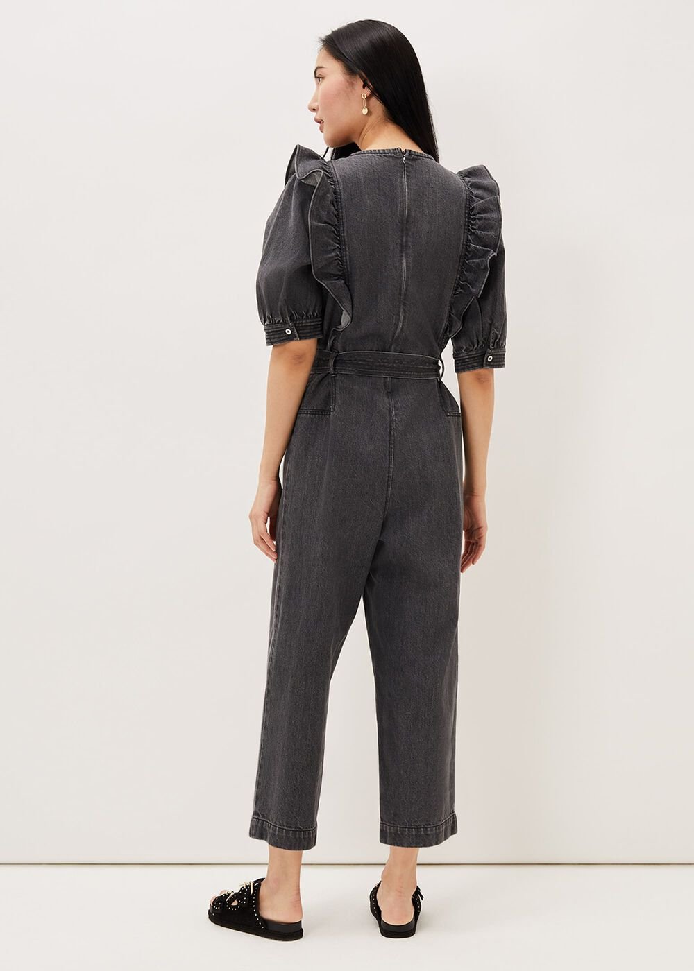 Flora Denim Frill Jumpsuit - Grey