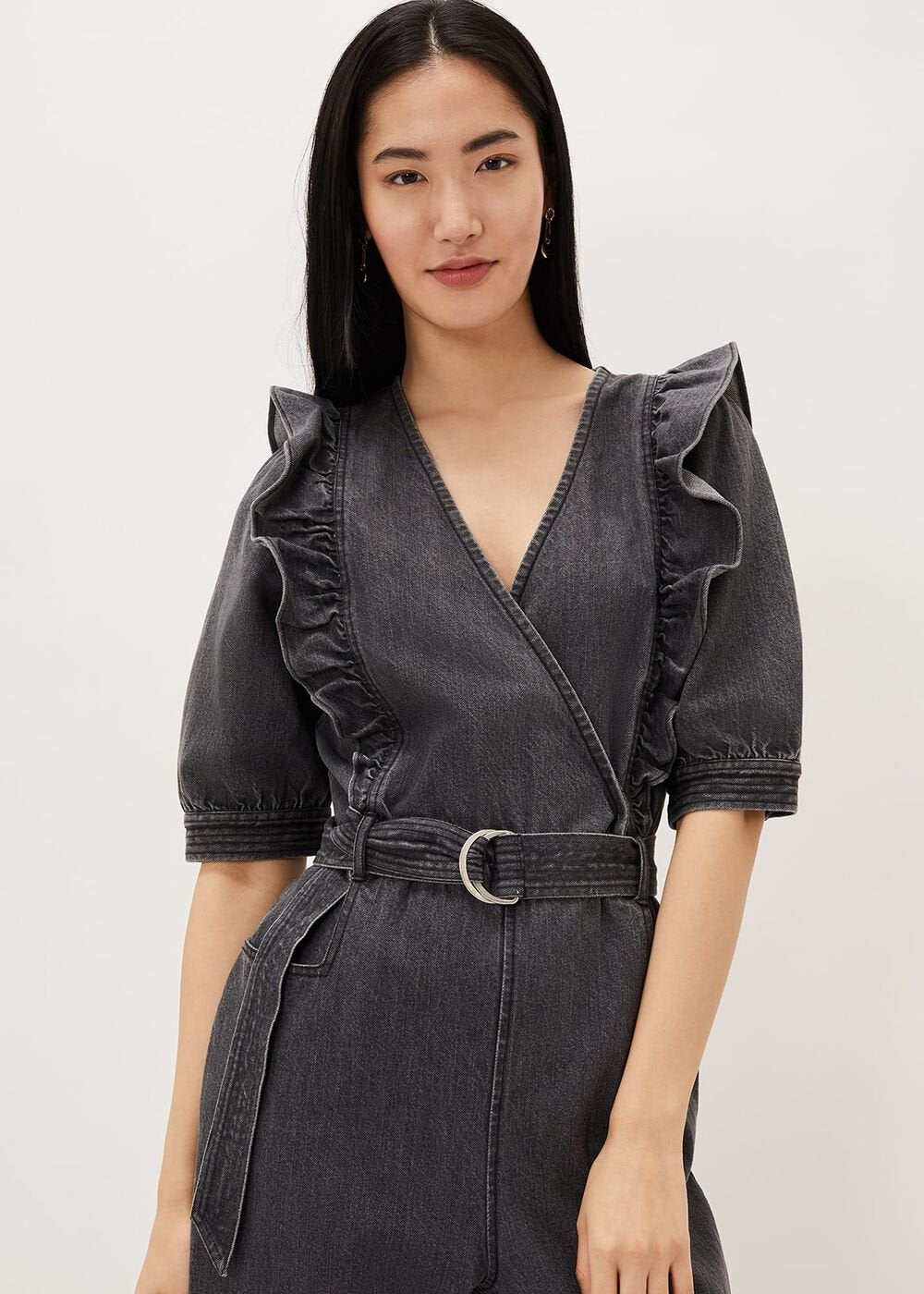 Flora Denim Frill Jumpsuit - Grey