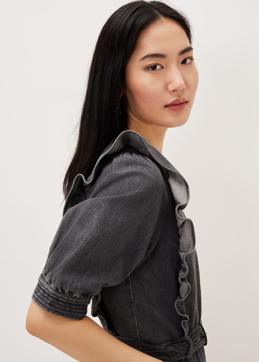 Flora Denim Frill Jumpsuit - Grey