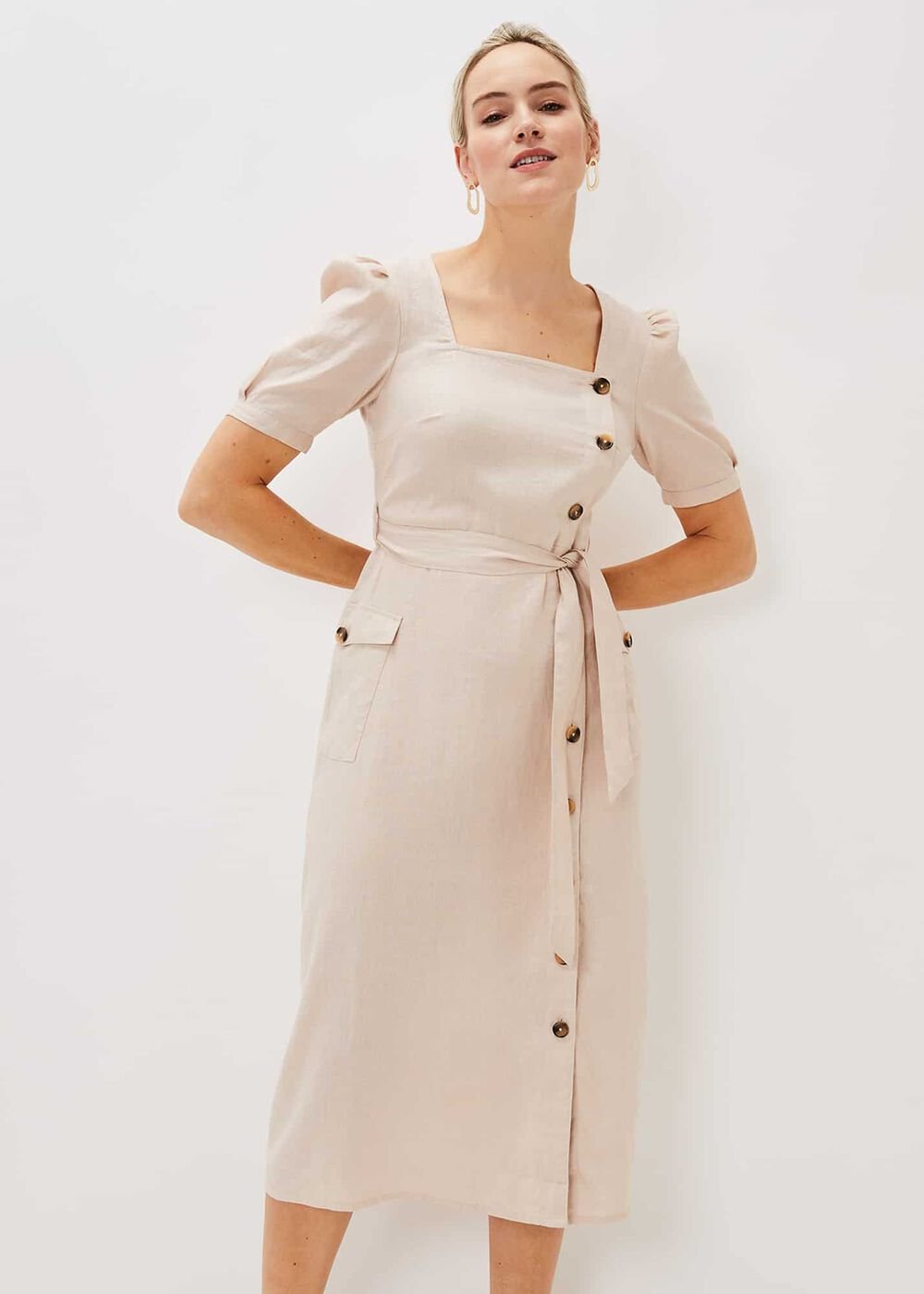 Elletta Square Neck Linen Dress - Stone