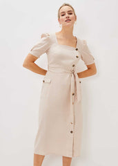 Elletta Square Neck Linen Dress - Stone