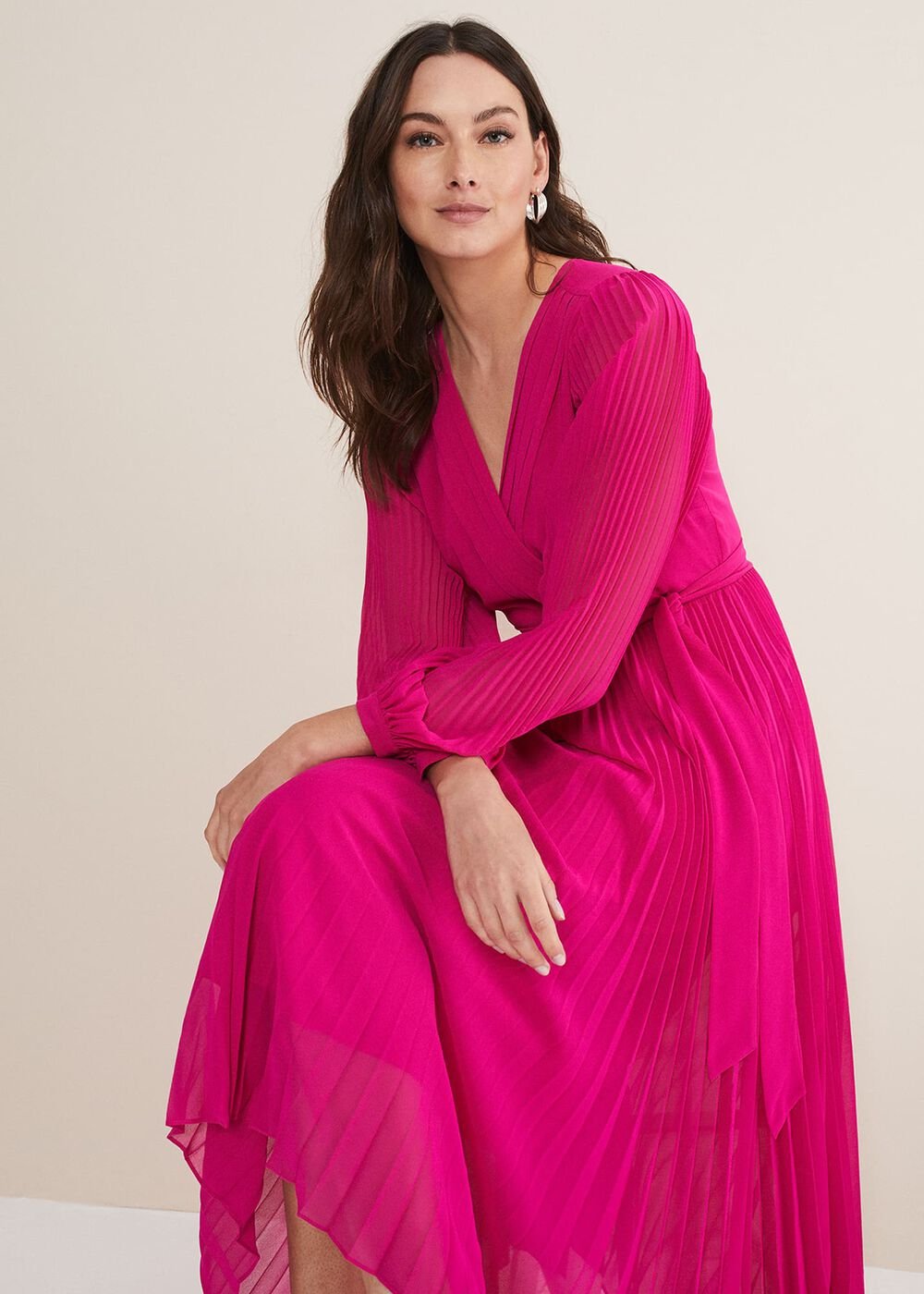Magenta Pink Long Sleeve Pleated Midi Wrap Dress - Magenta Pink