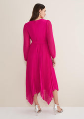 Magenta Pink Long Sleeve Pleated Midi Wrap Dress - Magenta Pink