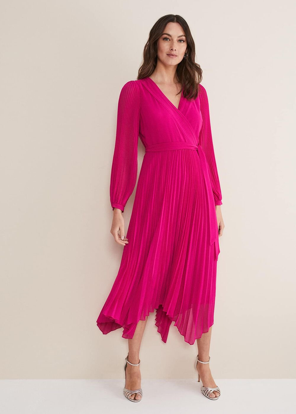 Magenta Pink Long Sleeve Pleated Midi Wrap Dress - Magenta Pink