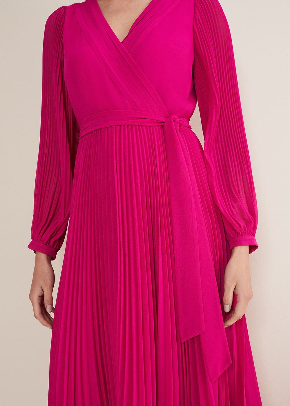 Magenta Pink Long Sleeve Pleated Midi Wrap Dress - Magenta Pink