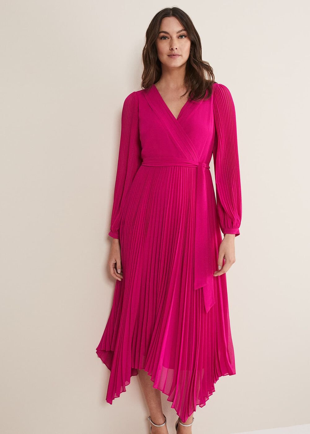 Magenta Pink Long Sleeve Pleated Midi Wrap Dress - Magenta Pink