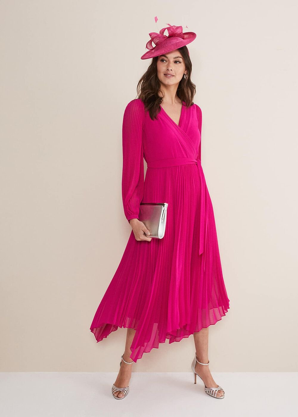 Magenta Pink Long Sleeve Pleated Midi Wrap Dress - Magenta Pink