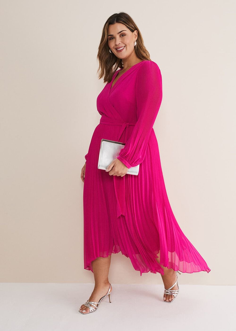 Magenta Pink Long Sleeve Pleated Midi Wrap Dress - Magenta Pink