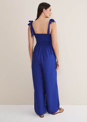 Ona Linen Shirred Wide Leg Jumpsuit - Cobalt