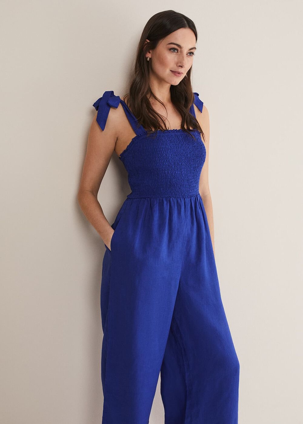 Ona Linen Shirred Wide Leg Jumpsuit - Cobalt