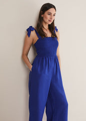 Ona Linen Shirred Wide Leg Jumpsuit - Cobalt
