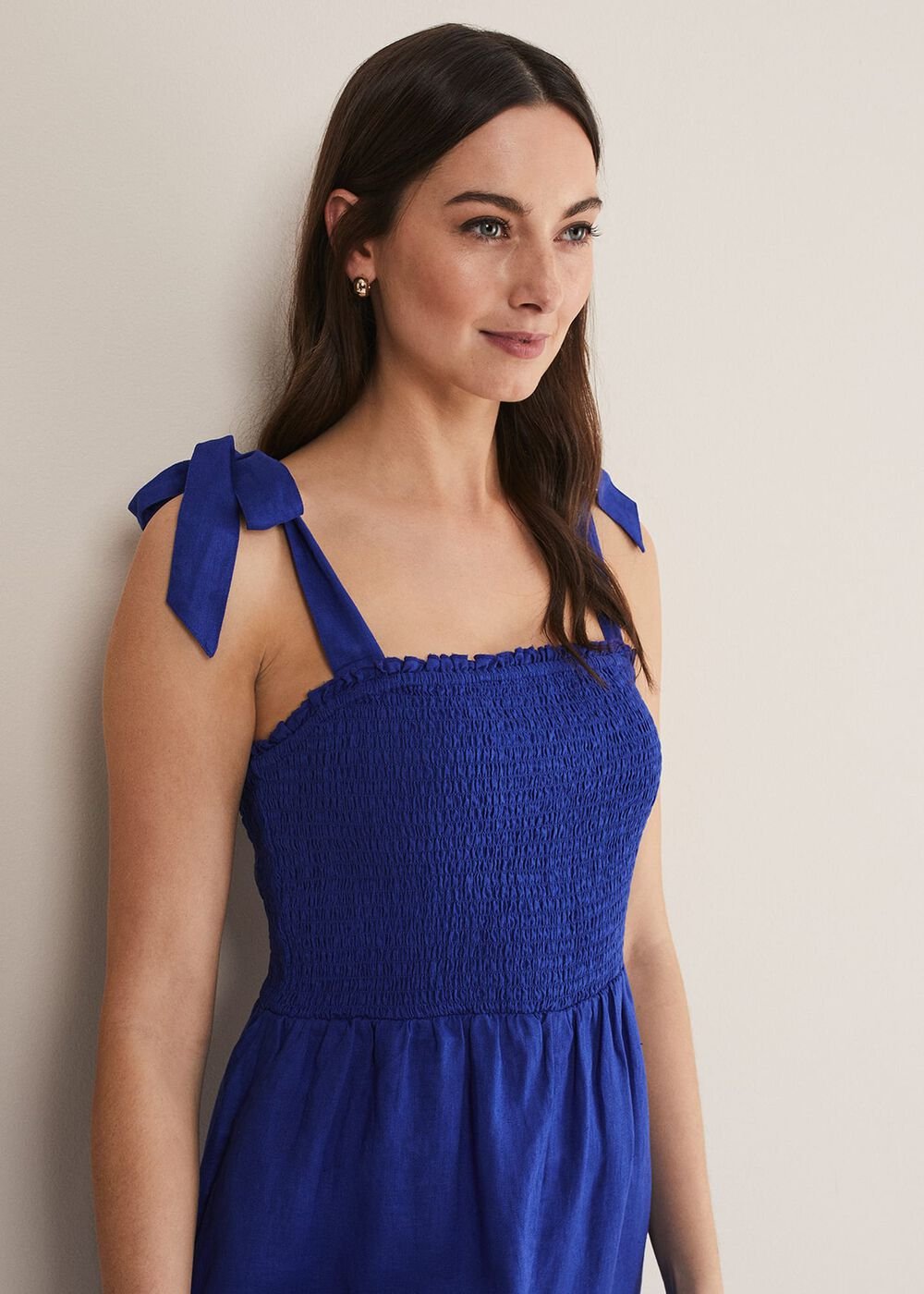 Ona Linen Shirred Wide Leg Jumpsuit - Cobalt
