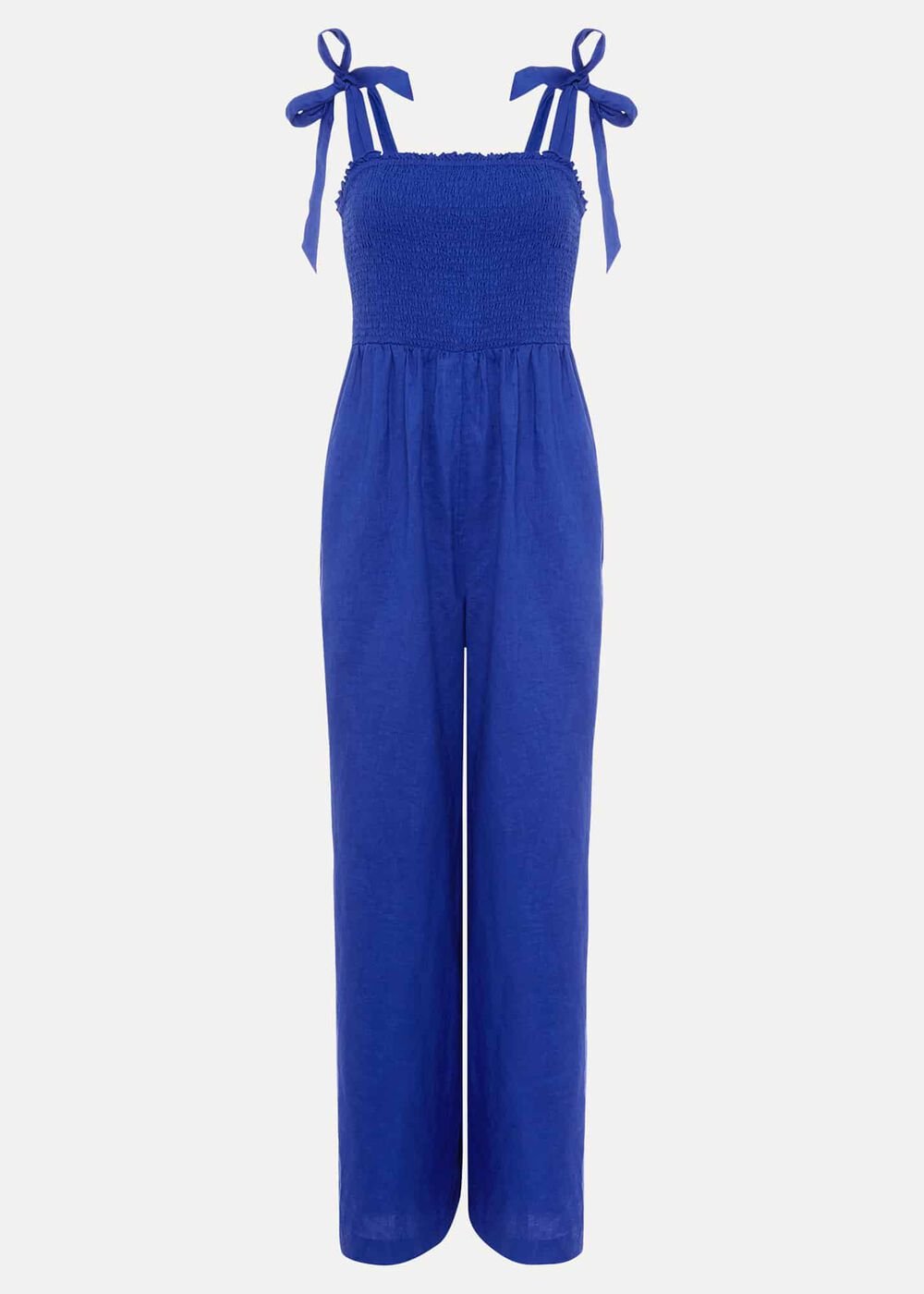 Ona Linen Shirred Wide Leg Jumpsuit - Cobalt