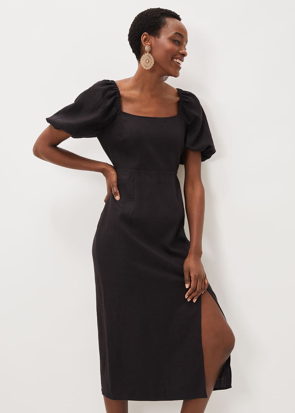 Effie Linen Puff Sleeve Dress - Black