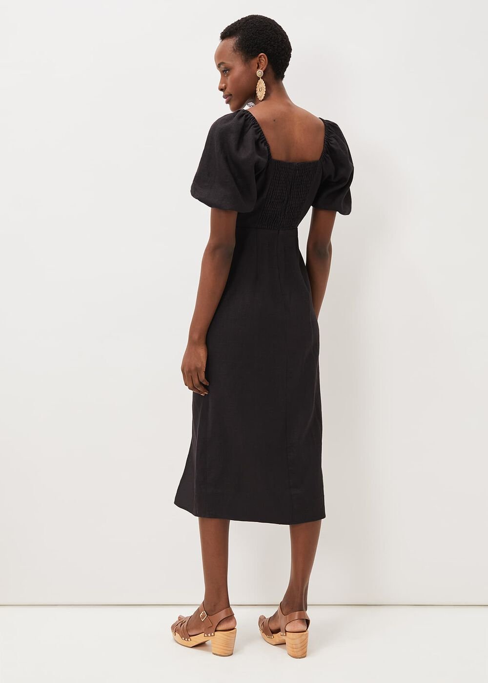 Effie Linen Puff Sleeve Dress - Black