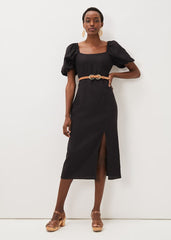 Effie Linen Puff Sleeve Dress - Black