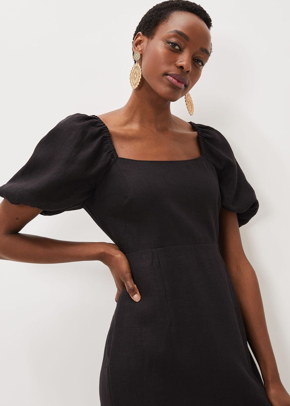 Effie Linen Puff Sleeve Dress - Black