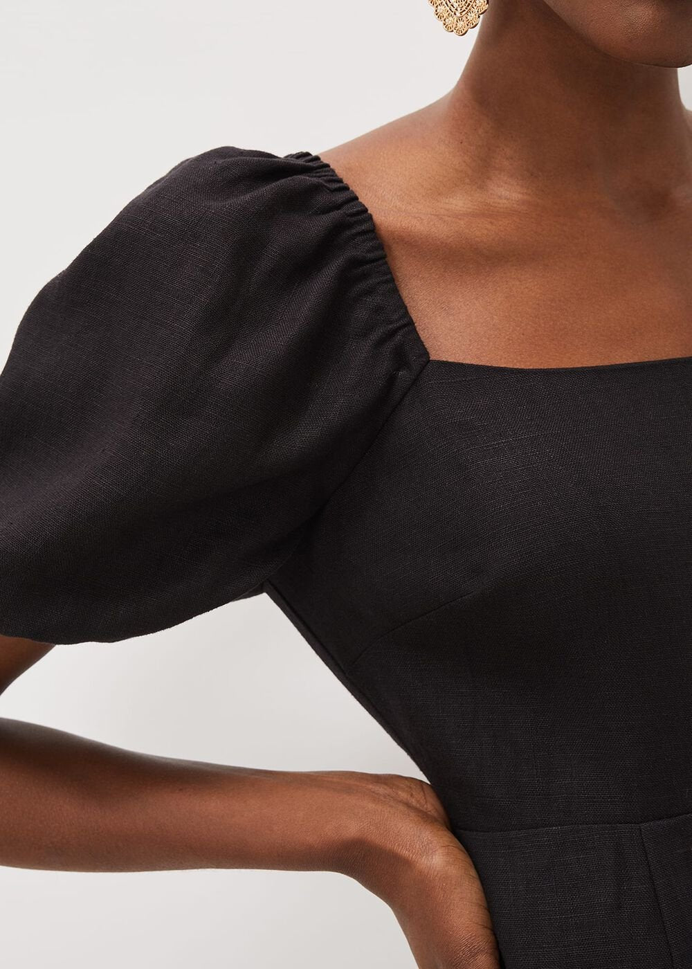 Effie Linen Puff Sleeve Dress - Black