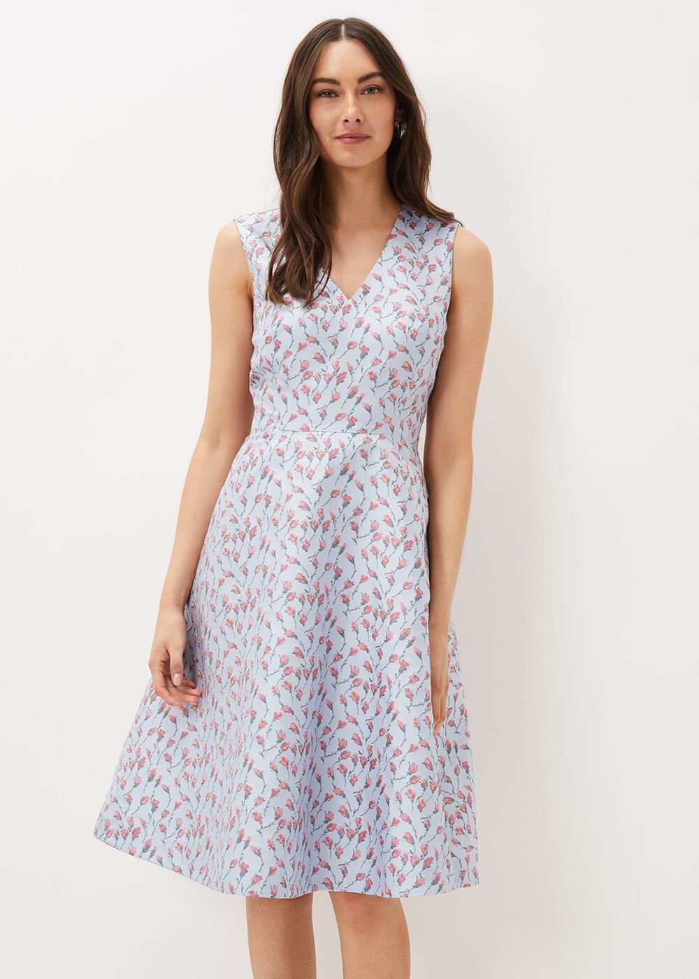 Rosebud Jacquard Fit And Flare Dress - Arctic Blue/Pink