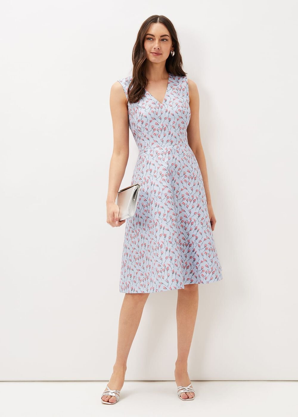Rosebud Jacquard Fit And Flare Dress - Arctic Blue/Pink