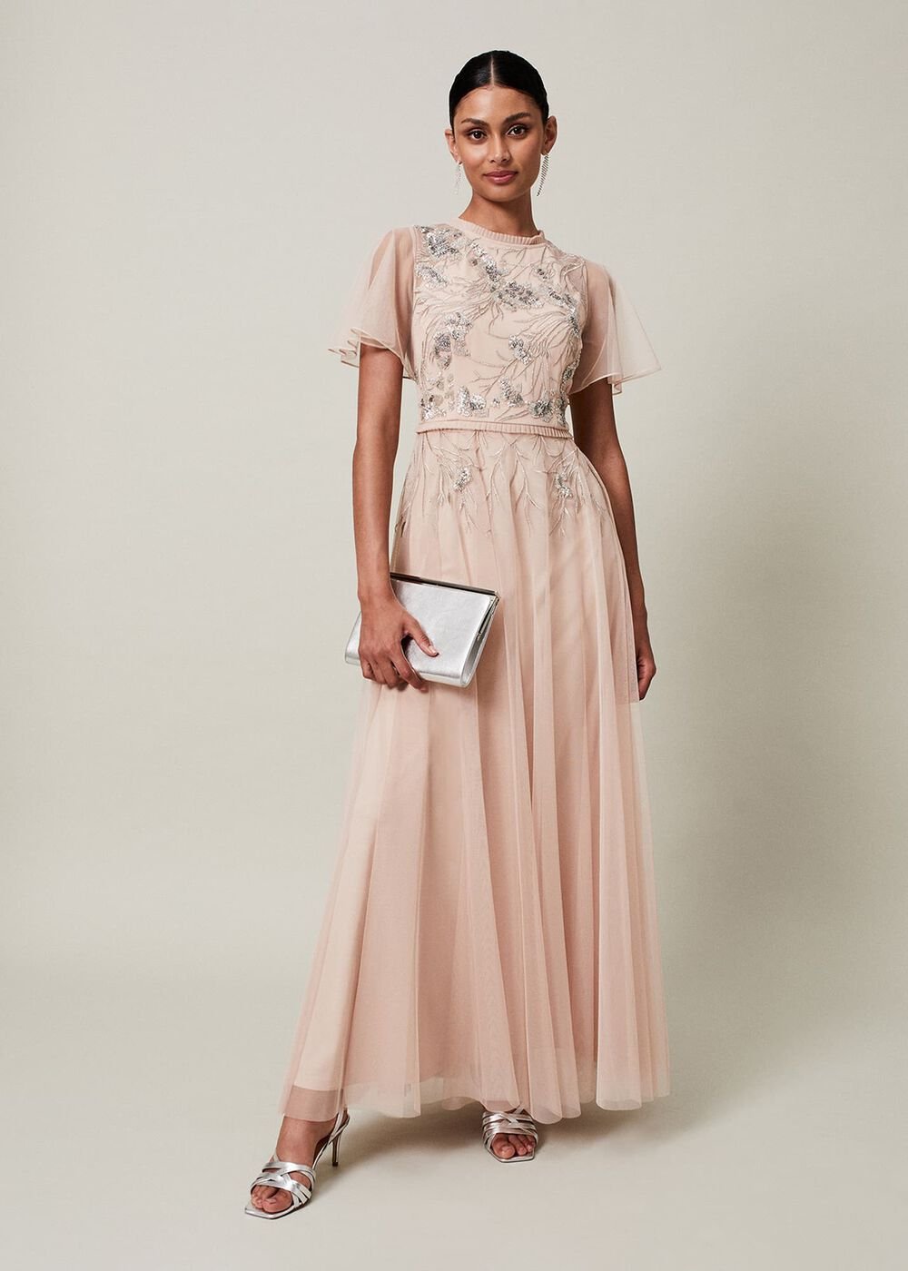 Zena Beaded Tulle Maxi Dress - Pale Pink/Silver
