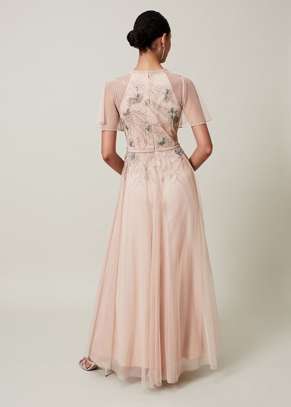 Zena Beaded Tulle Maxi Dress - Pale Pink/Silver
