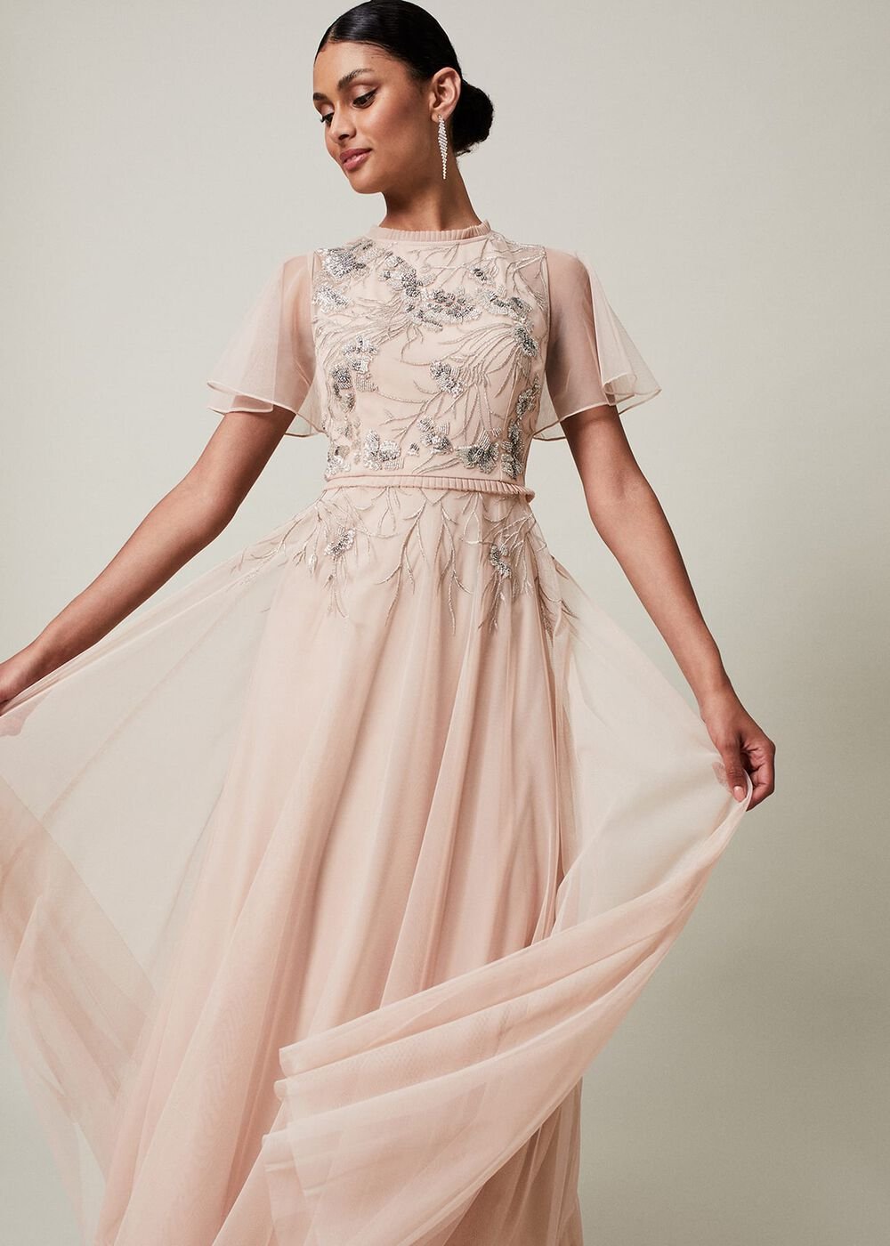 Zena Beaded Tulle Maxi Dress - Pale Pink/Silver