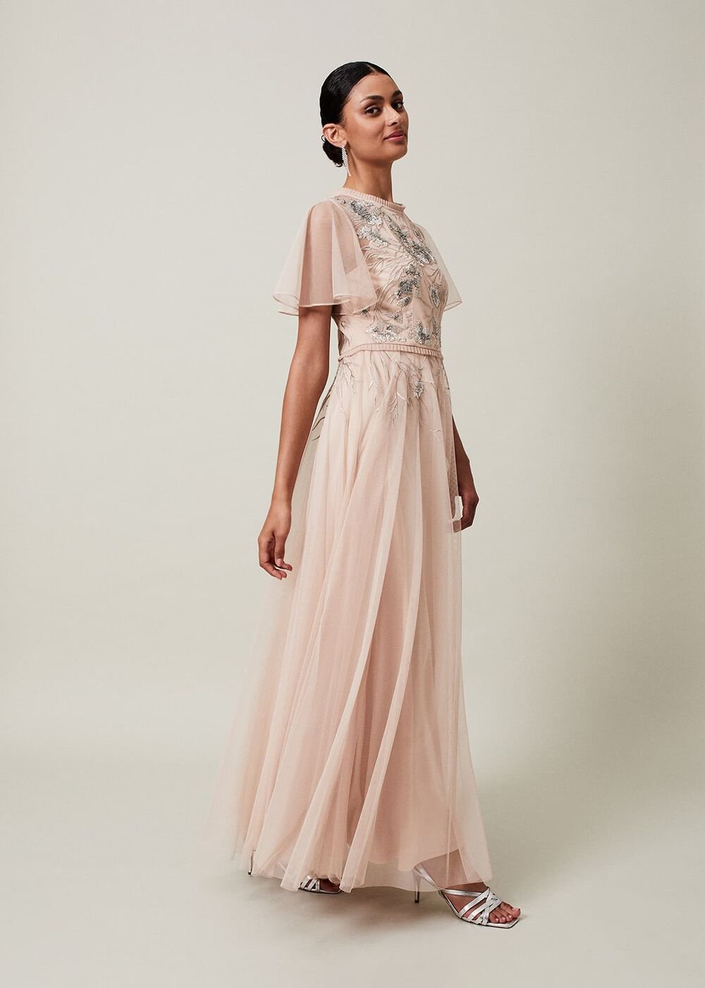 Zena Beaded Tulle Maxi Dress - Pale Pink/Silver