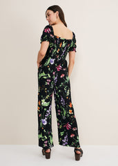 Zaylah Floral Shirred Waist Jumpsuit - Black