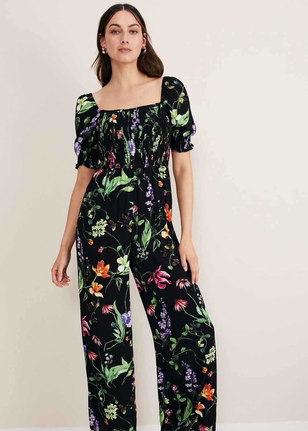 Zaylah Floral Shirred Waist Jumpsuit - Black